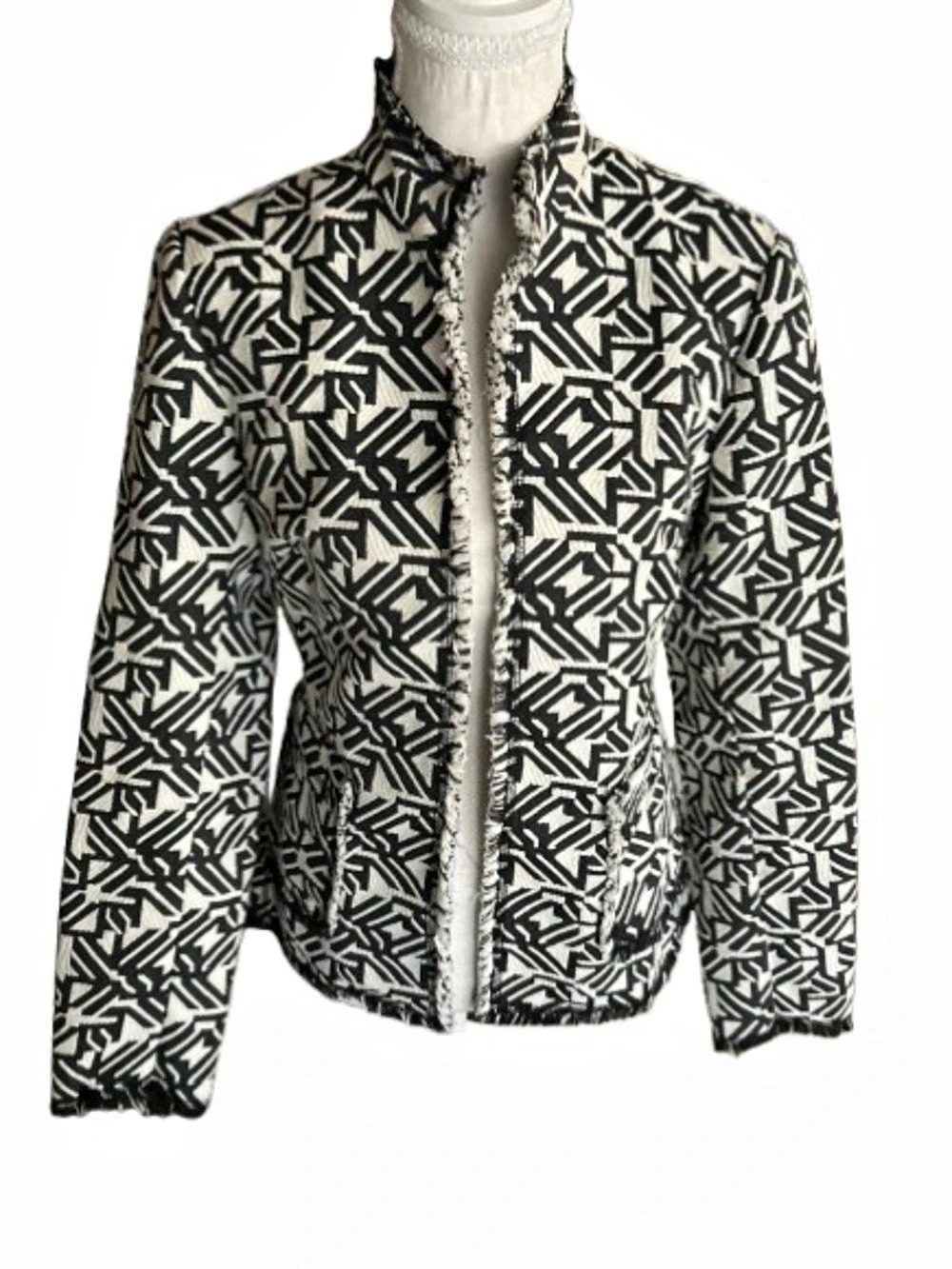 Geometric Frayed Trim Jacket VALERIE STEVENS Black & Cream Native Aztec Tribal